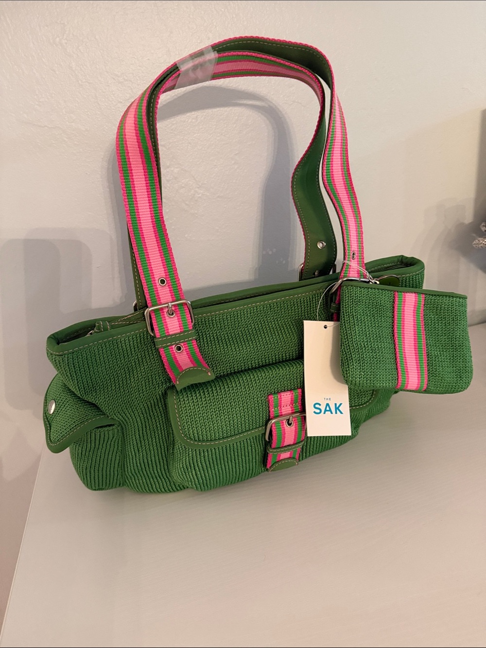 Y2K Vintage The Sak Belinda Green Woven Shoulder Bag wth coin purse